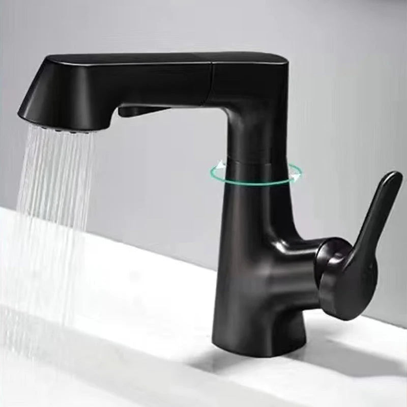 Sleek bathroom faucet with pull-out spray head and 360-degree swivel spout, designed for modern small spaces. 2