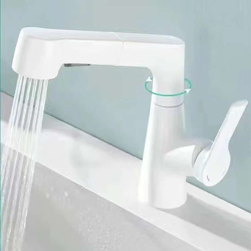 Sleek bathroom faucet with pull-out spray head and 360-degree swivel spout, designed for modern small spaces. 3