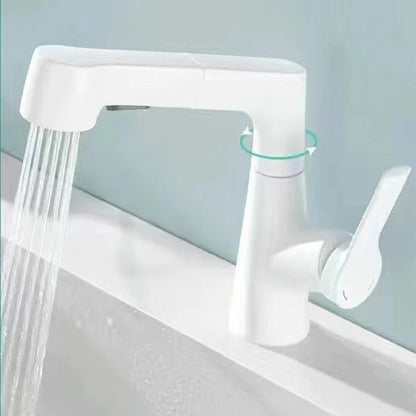 Sleek bathroom faucet with pull-out spray head and 360-degree swivel spout, designed for modern small spaces. 3
