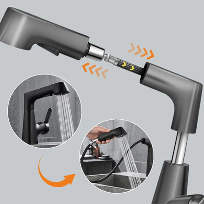 Sleek bathroom faucet with pull-out spray head and 360-degree swivel spout, designed for modern small spaces. 6