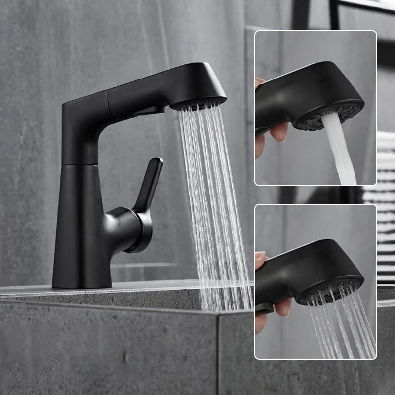 Sleek bathroom faucet with pull-out spray head and 360-degree swivel spout, designed for modern small spaces. 7