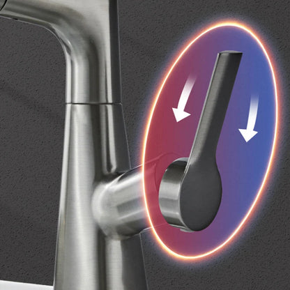 Sleek bathroom faucet with pull-out spray head and 360-degree swivel spout, designed for modern small spaces. 8