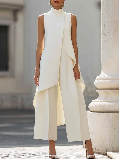 Elegant black jumpsuit for women featuring a high neckline and draped overlay, designed with a chic wide-leg silhouette, perfect for special occasions. 0