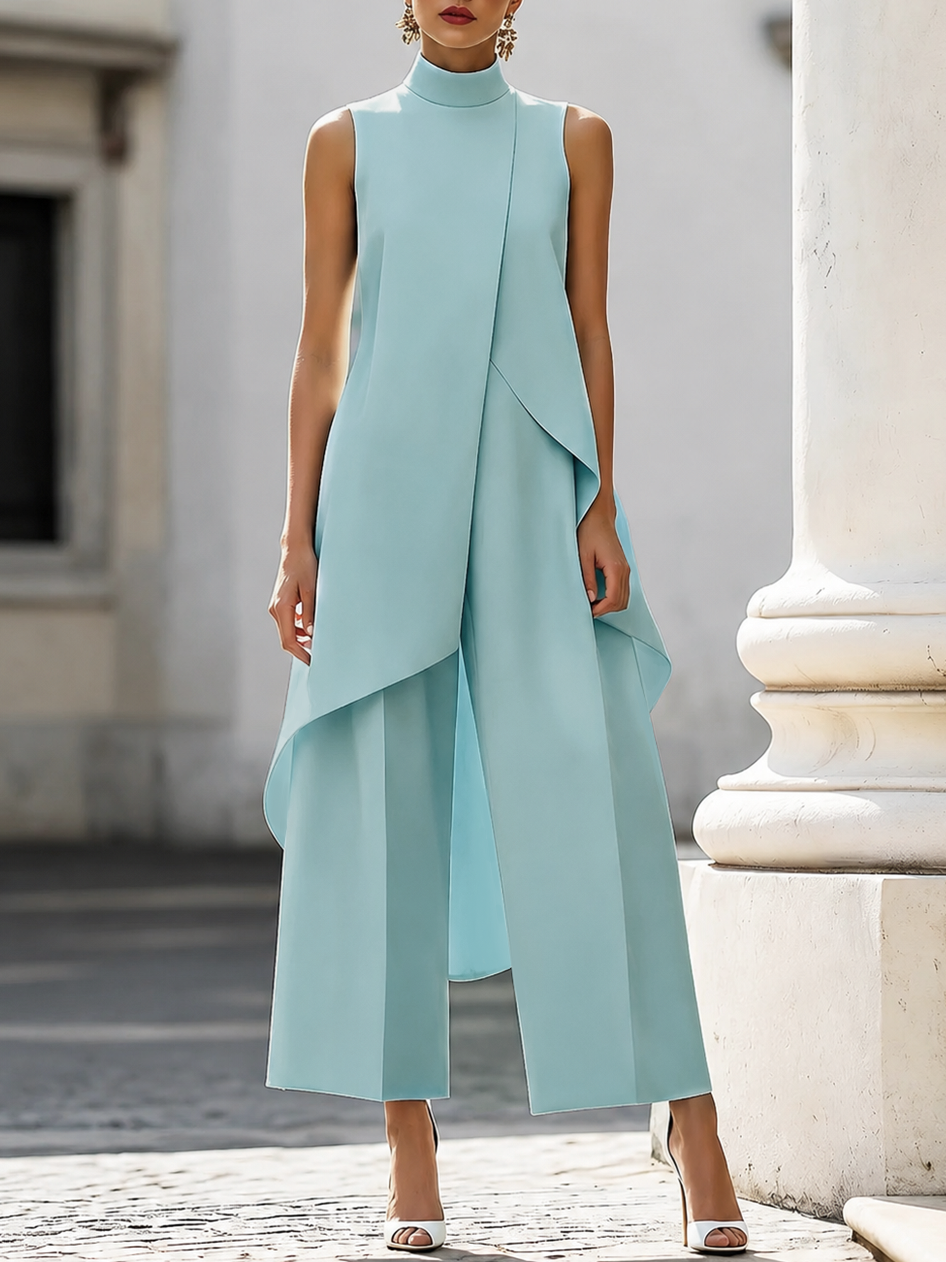 Elegant black jumpsuit for women featuring a high neckline and draped overlay, designed with a chic wide-leg silhouette, perfect for special occasions. 7