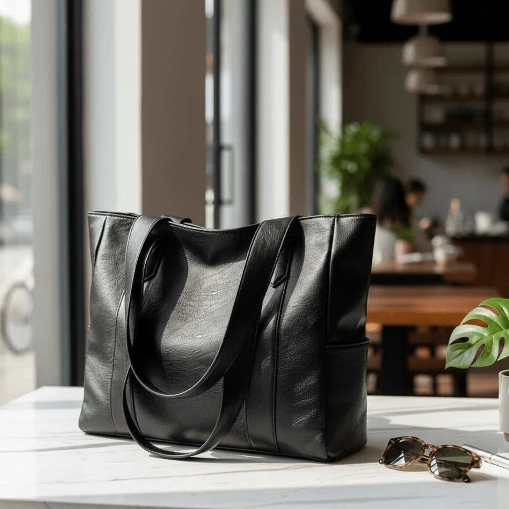 Black shoulder bag made of PU leather featuring organized storage compartments and a secure zip closure, designed for everyday use by women. 1