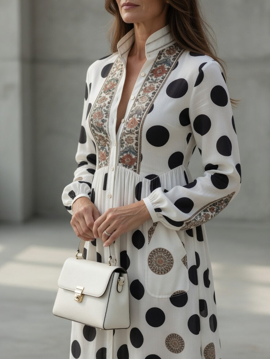 Button-front maxi dress with long cuffed sleeves and side pockets, featuring a stylish polka dot print for women. 2