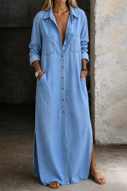 Button down dress with a relaxed fit, showcasing effortless casual style, perfect for everyday wear and versatile occasions. 0