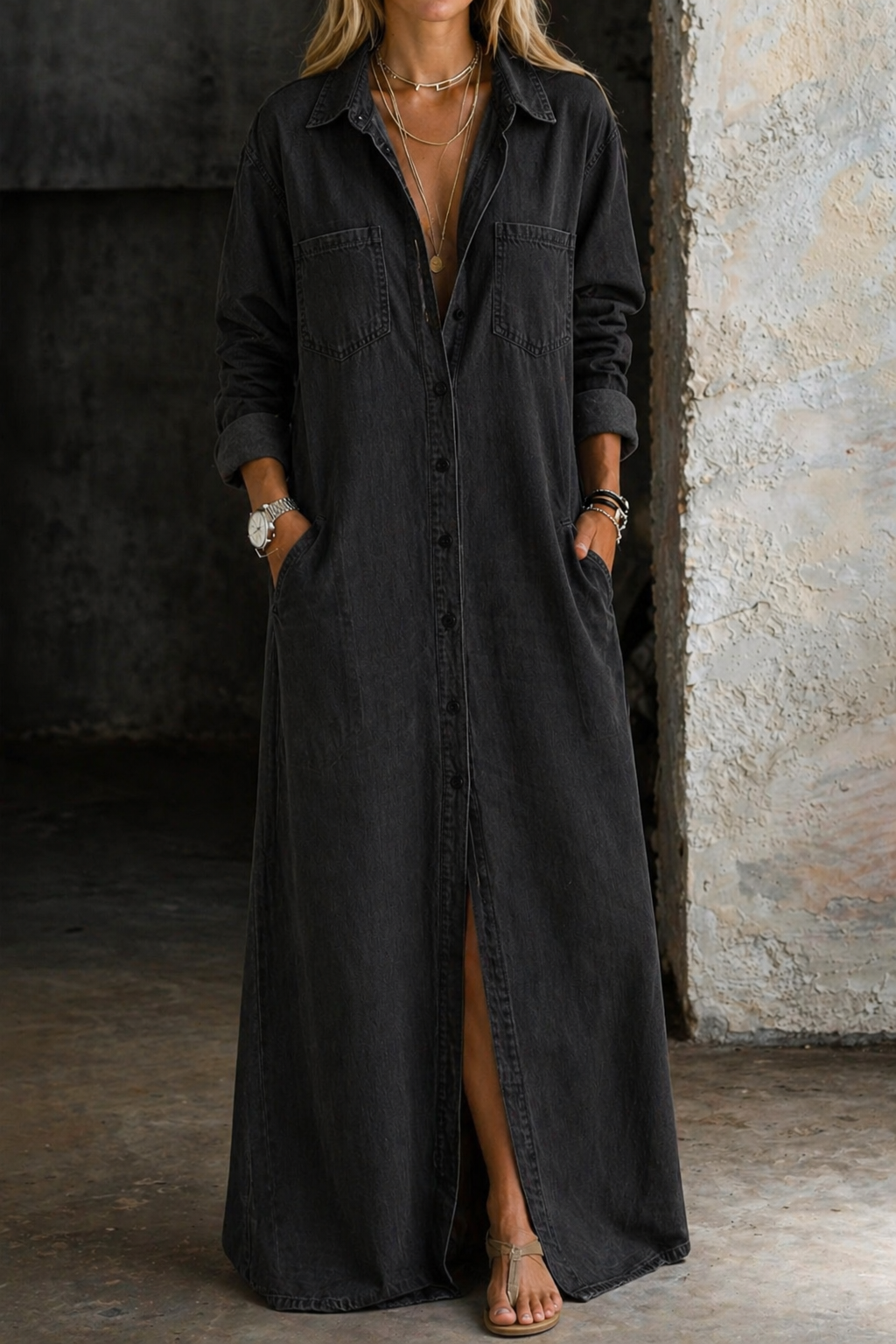 Button down dress with a relaxed fit, showcasing effortless casual style, perfect for everyday wear and versatile occasions. 3