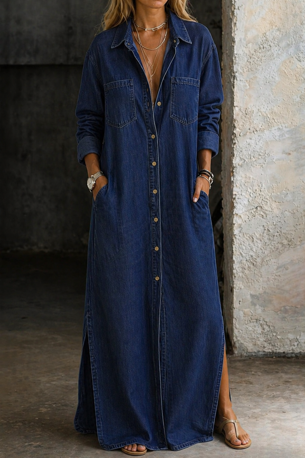 Button down dress with a relaxed fit, showcasing effortless casual style, perfect for everyday wear and versatile occasions. 4