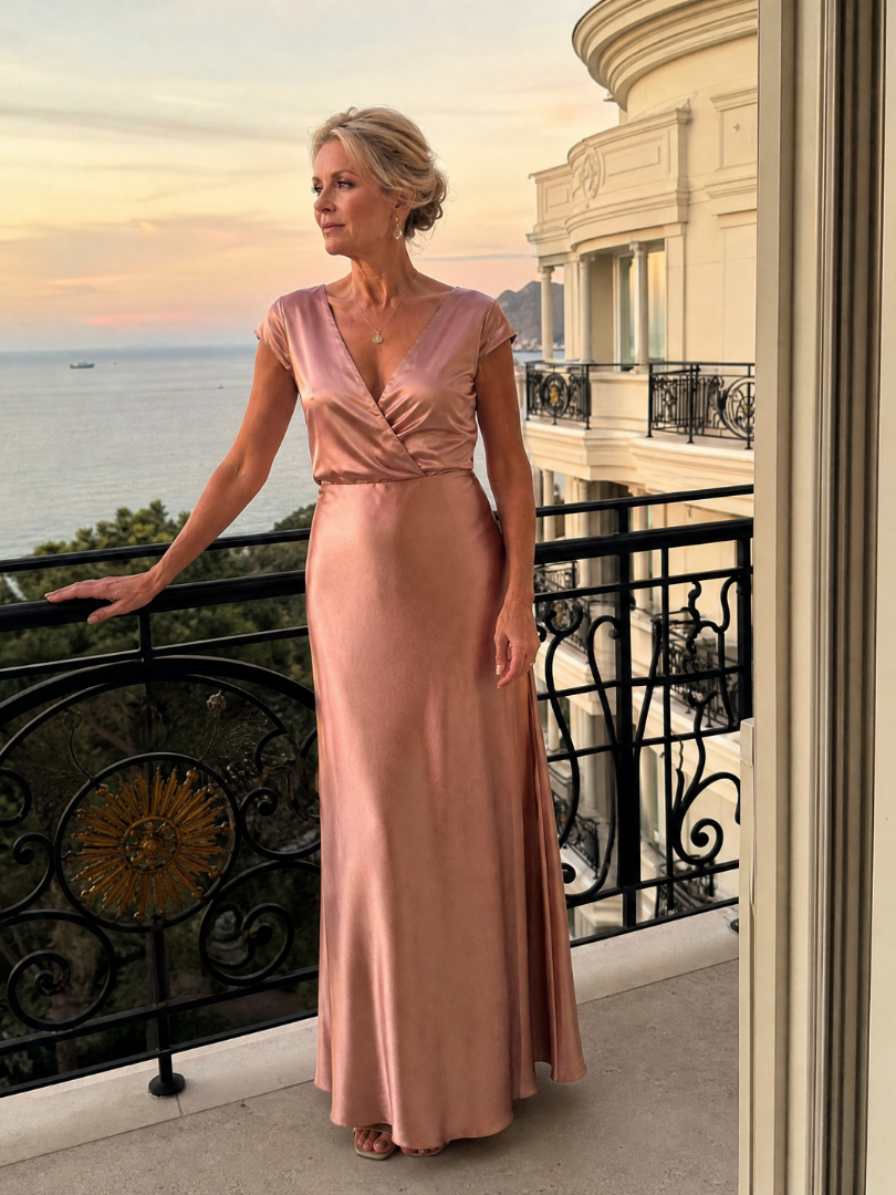 Elegant white cap sleeve maxi dress featuring a wrap bodice and flattering V neckline, perfect for formal occasions and summer events. 3