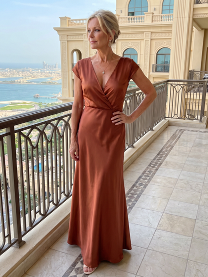 Elegant white cap sleeve maxi dress featuring a wrap bodice and flattering V neckline, perfect for formal occasions and summer events. 7