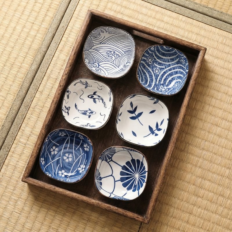 Ceramic Kobachi Bowl Set featuring square design with nature-inspired blue and white patterns, perfect for serving snacks or side dishes, and microwave safe for convenient 0
