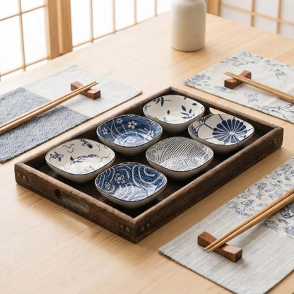 Ceramic Kobachi Bowl Set featuring square design with nature-inspired blue and white patterns, perfect for serving snacks or side dishes, and microwave safe for convenient 1