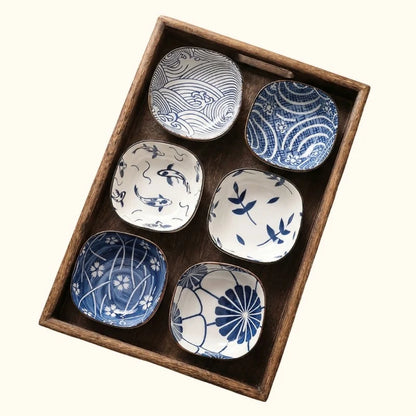 Ceramic Kobachi Bowl Set featuring square design with nature-inspired blue and white patterns, perfect for serving snacks or side dishes, and microwave safe for convenient 2