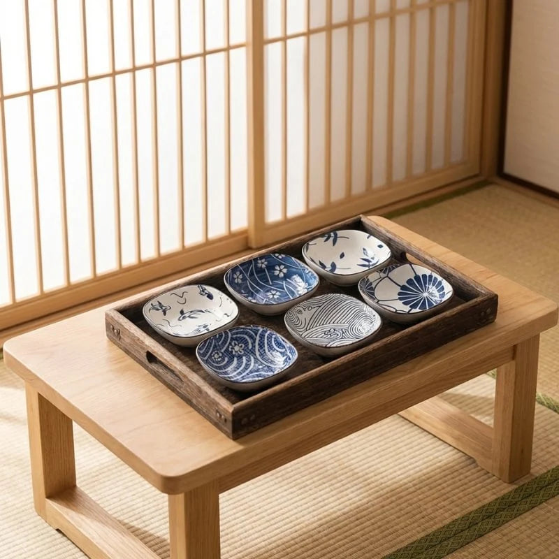 Ceramic Kobachi Bowl Set featuring square design with nature-inspired blue and white patterns, perfect for serving snacks or side dishes, and microwave safe for convenient 4