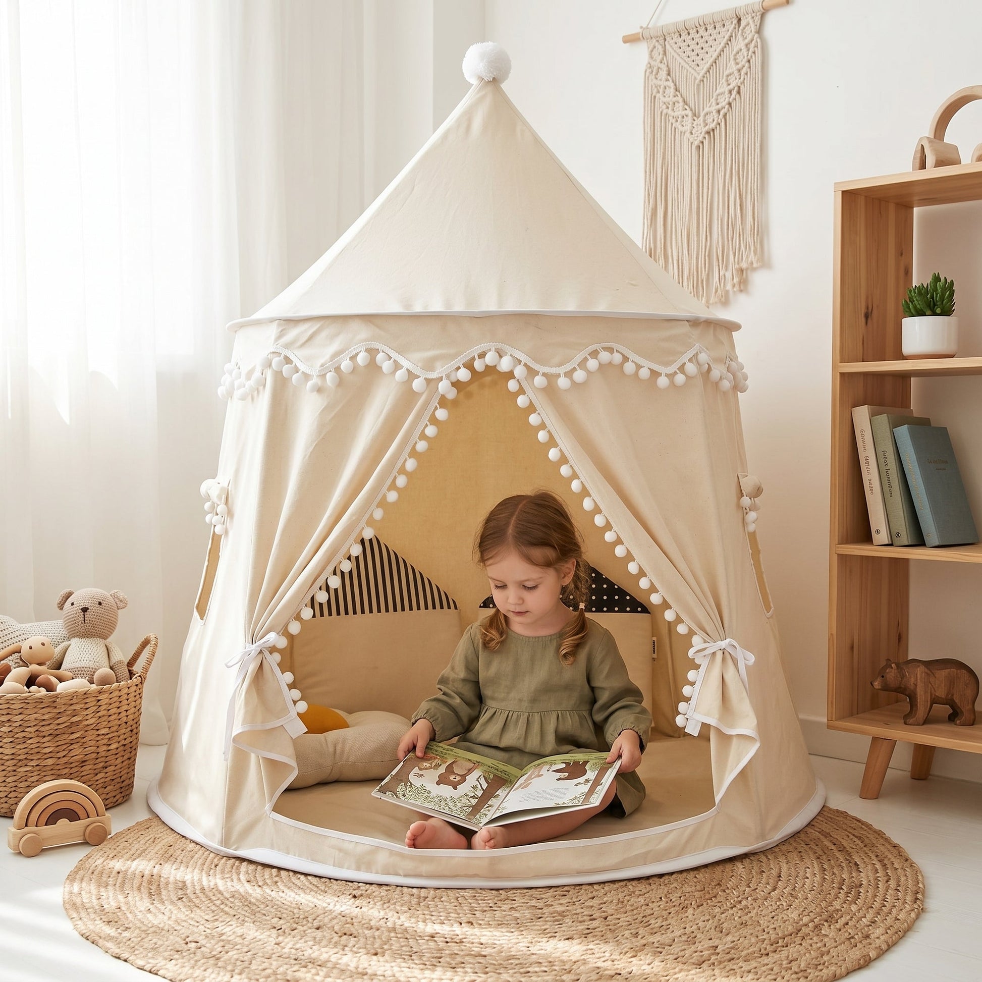Children's canvas play teepee featuring solid pine poles, designed in a neutral style suitable for both indoor and outdoor play. 4