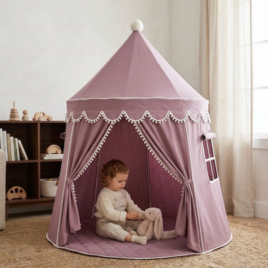 Children's canvas play teepee featuring solid pine poles, designed in a neutral style suitable for both indoor and outdoor play. 7
