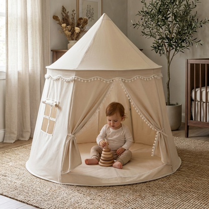 Children's canvas play teepee featuring solid pine poles, designed in a neutral style suitable for both indoor and outdoor play. 8