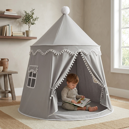 Children's canvas play teepee featuring solid pine poles, designed in a neutral style suitable for both indoor and outdoor play. 9