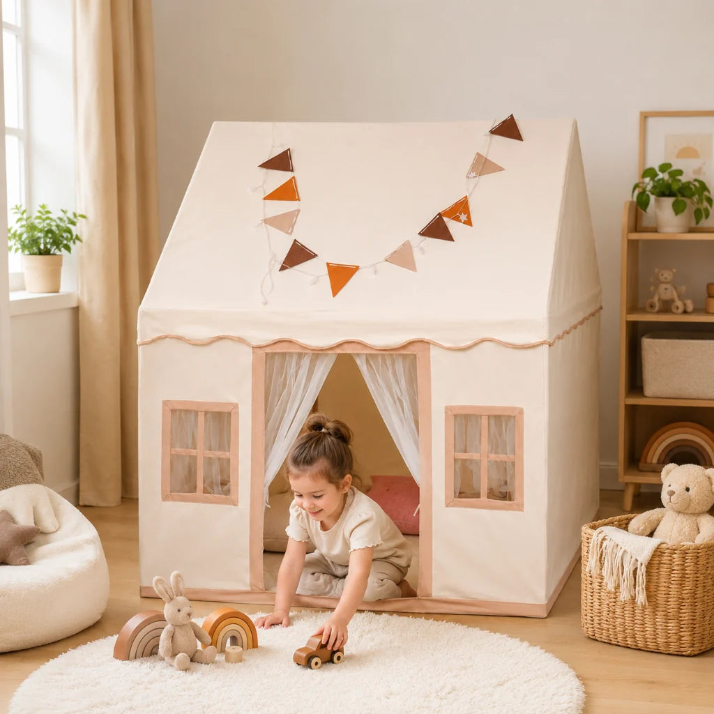 Childrens play tent featuring a soft cotton canopy and sturdy poles in a neutral teepee design, perfect for indoor imaginative play and creativity. 0