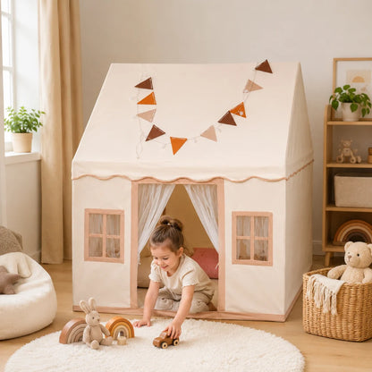 Childrens play tent featuring a soft cotton canopy and sturdy poles in a neutral teepee design, perfect for indoor imaginative play and creativity. 0