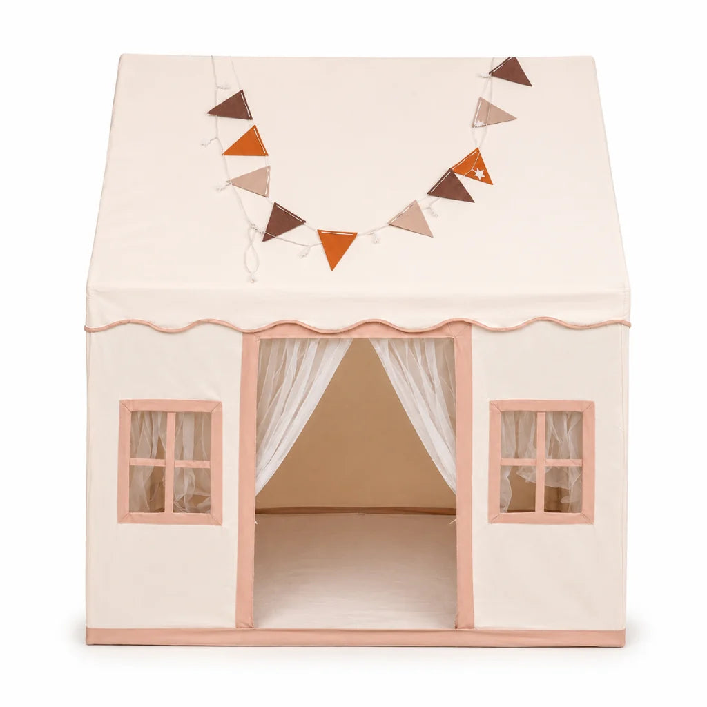 Childrens play tent featuring a soft cotton canopy and sturdy poles in a neutral teepee design, perfect for indoor imaginative play and creativity. 1