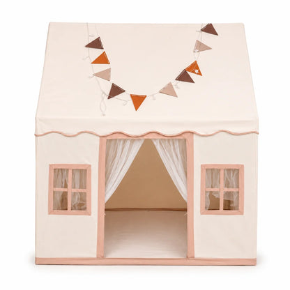 Childrens play tent featuring a soft cotton canopy and sturdy poles in a neutral teepee design, perfect for indoor imaginative play and creativity. 1