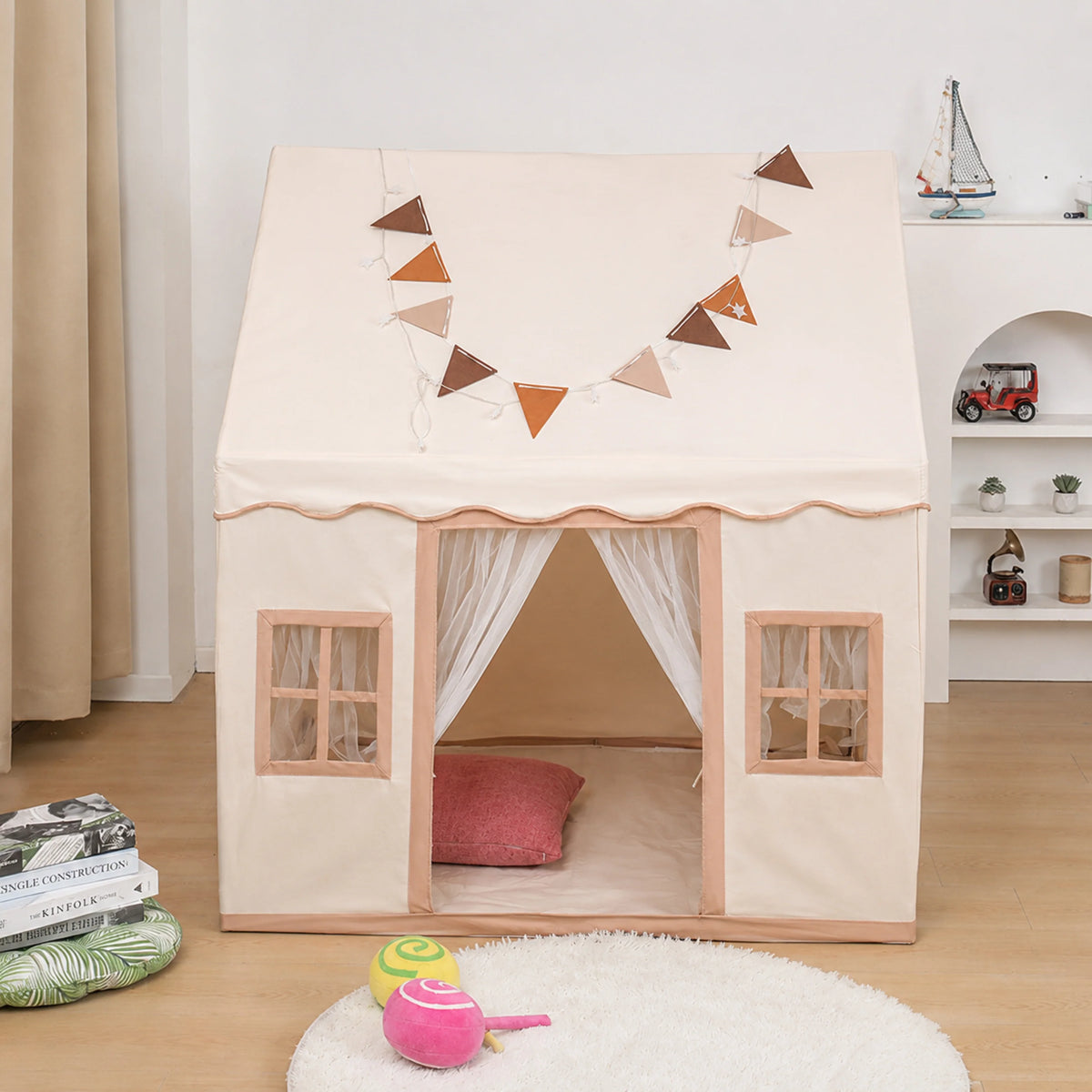 Childrens play tent featuring a soft cotton canopy and sturdy poles in a neutral teepee design, perfect for indoor imaginative play and creativity. 4