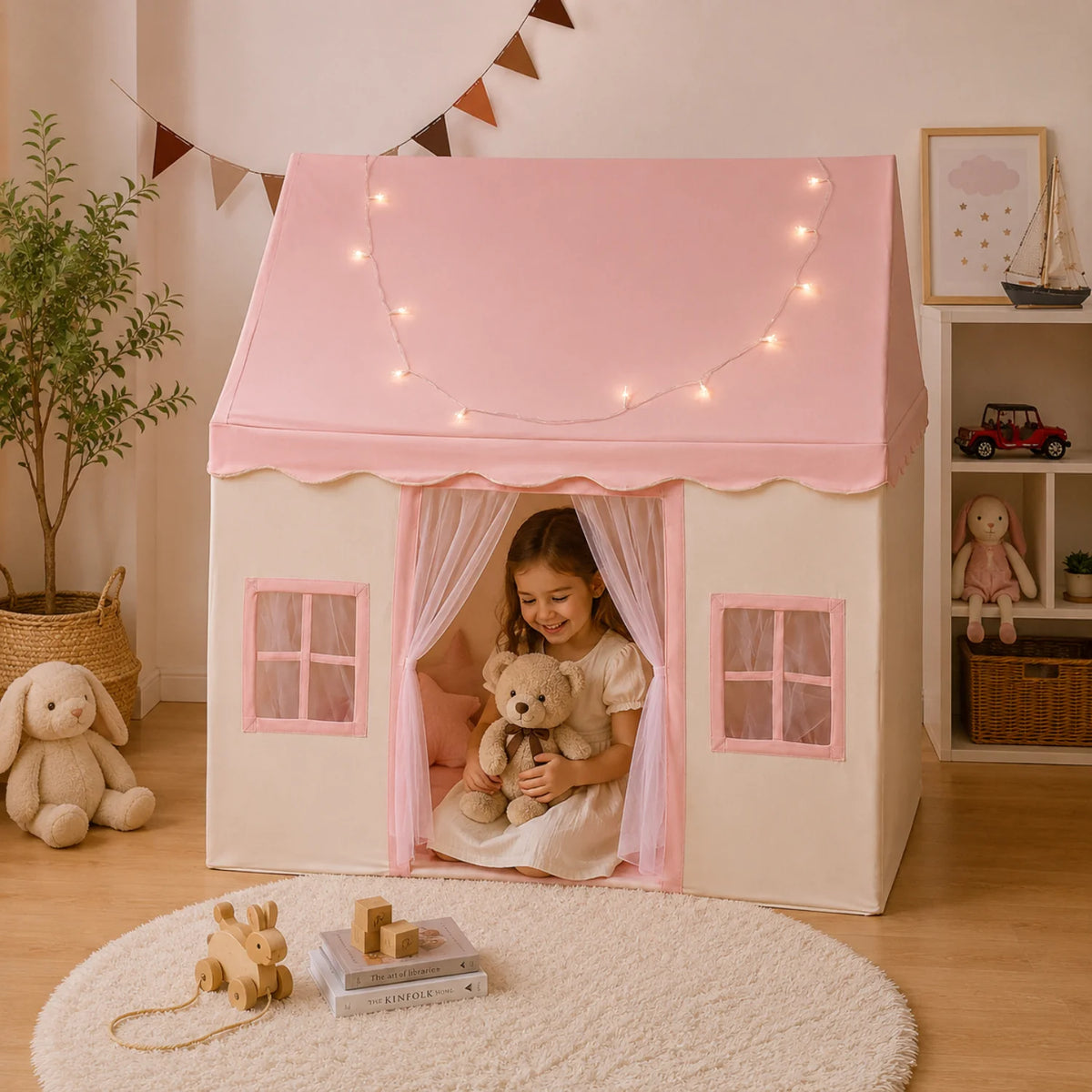Childrens play tent featuring a soft cotton canopy and sturdy poles in a neutral teepee design, perfect for indoor imaginative play and creativity. 5