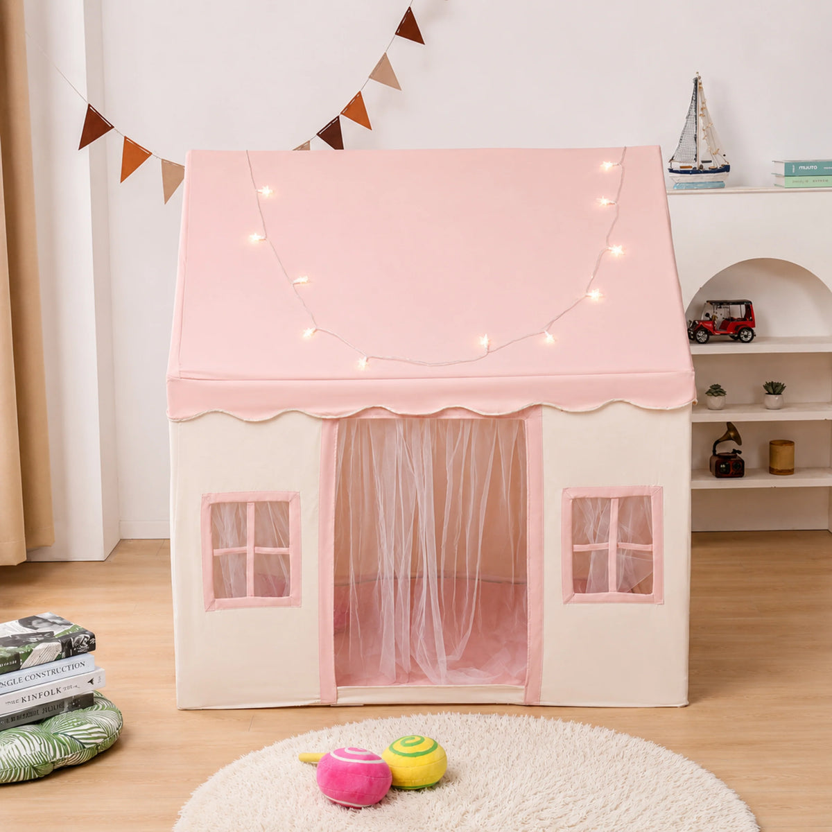 Childrens play tent featuring a soft cotton canopy and sturdy poles in a neutral teepee design, perfect for indoor imaginative play and creativity. 6