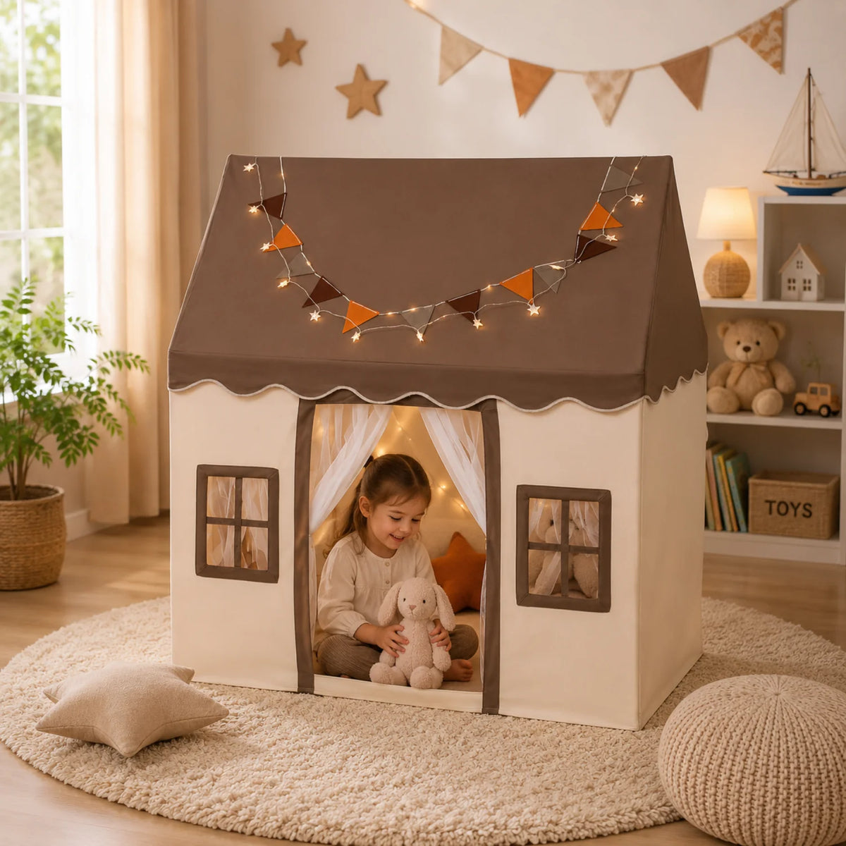 Childrens play tent featuring a soft cotton canopy and sturdy poles in a neutral teepee design, perfect for indoor imaginative play and creativity. 7