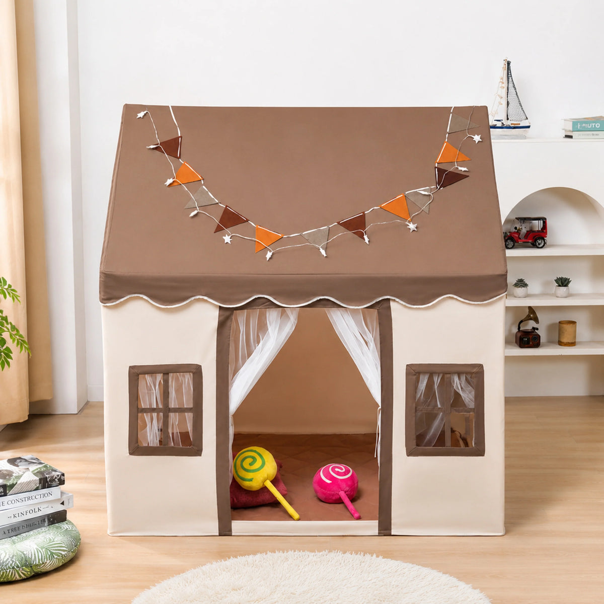Childrens play tent featuring a soft cotton canopy and sturdy poles in a neutral teepee design, perfect for indoor imaginative play and creativity. 8