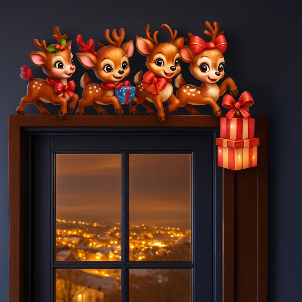 Christmas door frame decoration featuring reindeer and gift motifs, crafted from wood for festive indoor decor. 0