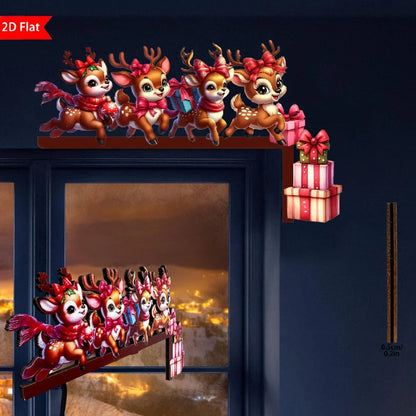Christmas door frame decoration featuring reindeer and gift motifs, crafted from wood for festive indoor decor. 1