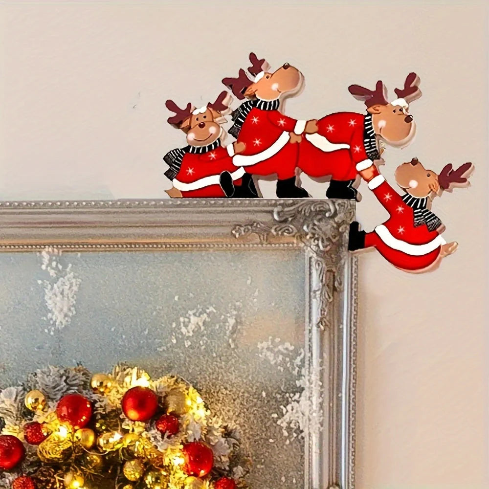 Christmas door frame decoration featuring reindeer and gift motifs, crafted from wood for festive indoor decor. 2