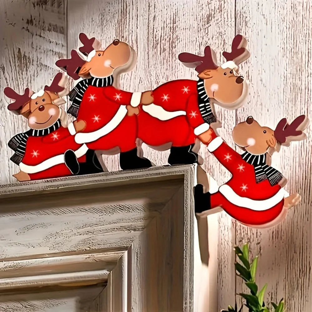Christmas door frame decoration featuring reindeer and gift motifs, crafted from wood for festive indoor decor. 3