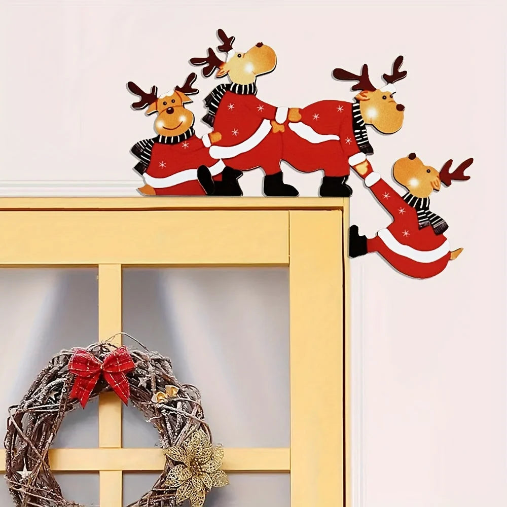 Christmas door frame decoration featuring reindeer and gift motifs, crafted from wood for festive indoor decor. 4