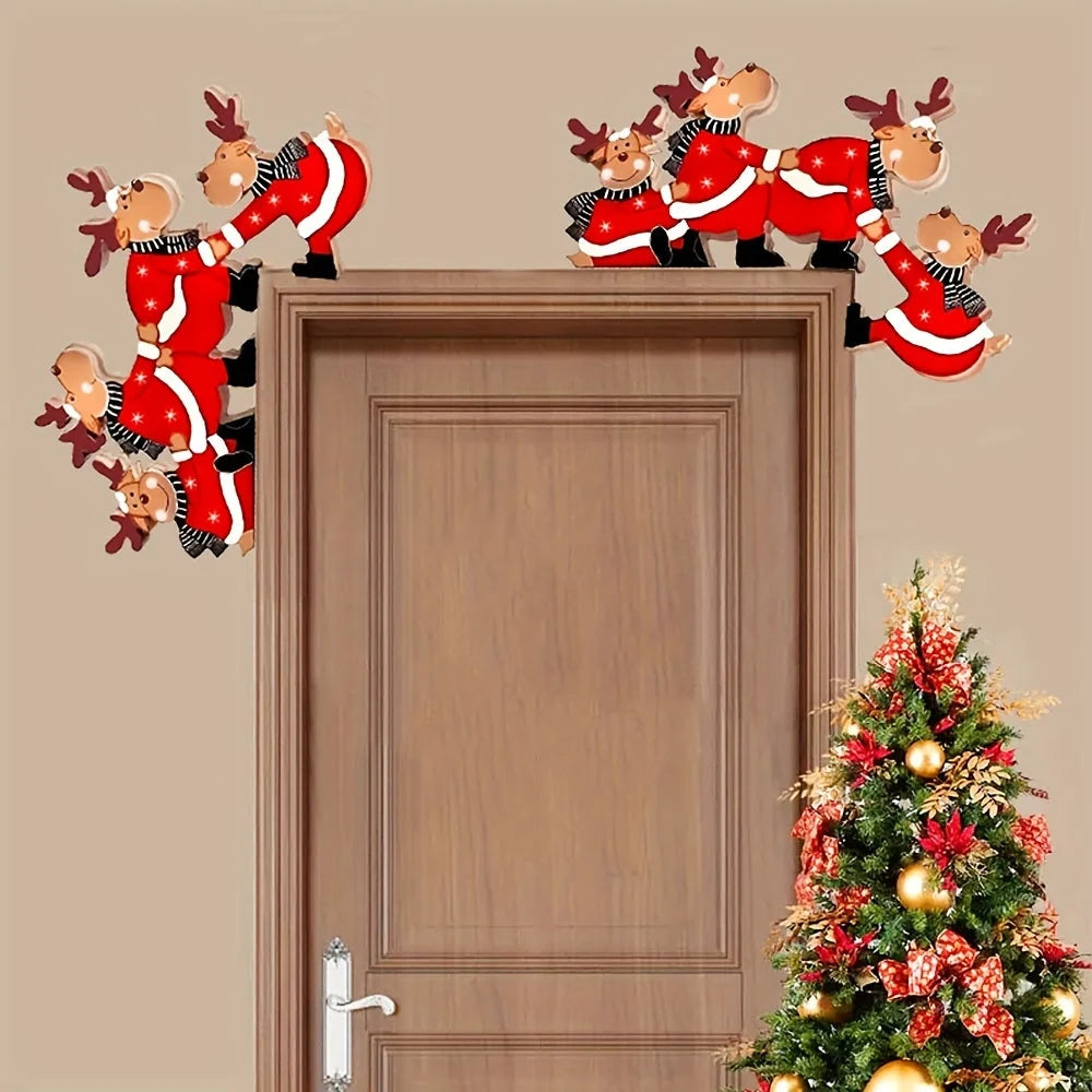 Christmas door frame decoration featuring reindeer and gift motifs, crafted from wood for festive indoor decor. 7