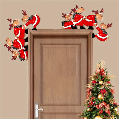 Christmas door frame decoration featuring reindeer and gift motifs, crafted from wood for festive indoor decor. 7