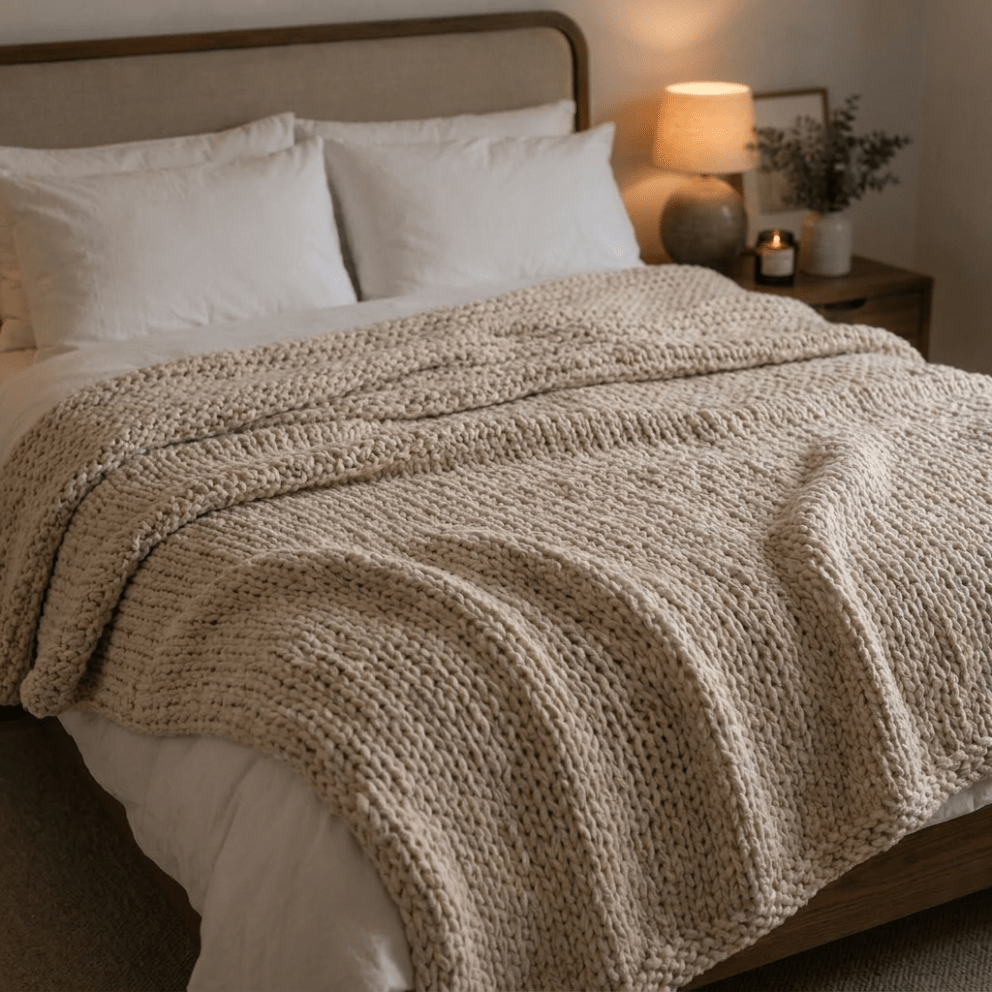 Chunky knit throw blanket in soft neutral yarn, perfect for adding warmth and style to your sofa or bed, ideal home decor accessory. 1