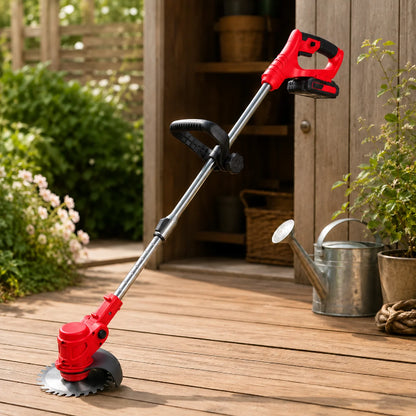 Cordless grass trimmer featuring an ergonomic adjustable handle, designed for easy use in lawn and garden care, powered by a 21V electric battery for 1