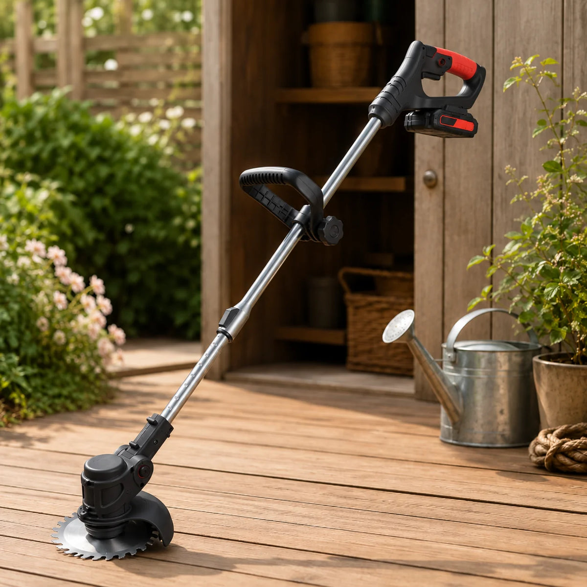 Cordless grass trimmer featuring an ergonomic adjustable handle, designed for easy use in lawn and garden care, powered by a 21V electric battery for 3