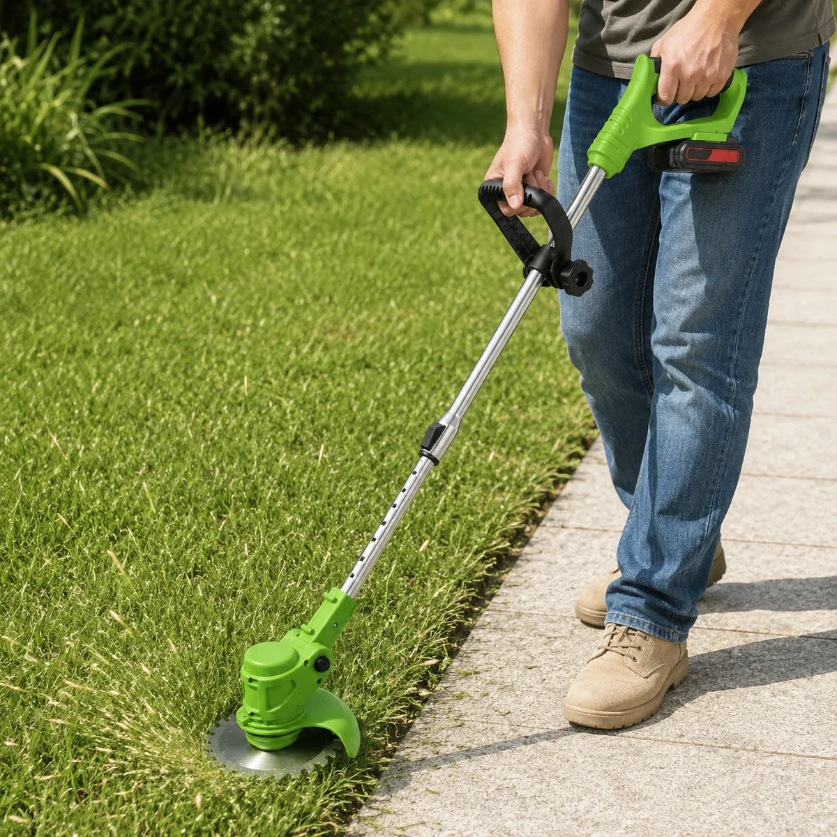 Cordless grass trimmer featuring an ergonomic adjustable handle, designed for easy use in lawn and garden care, powered by a 21V electric battery for 4