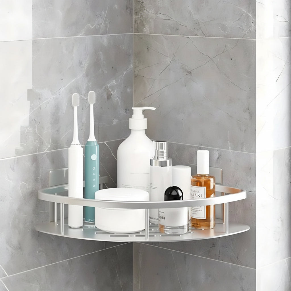 Corner shower caddy with rustproof aluminum finish, designed for waterproof wall-mounted installation, providing organized bathroom storage. 0