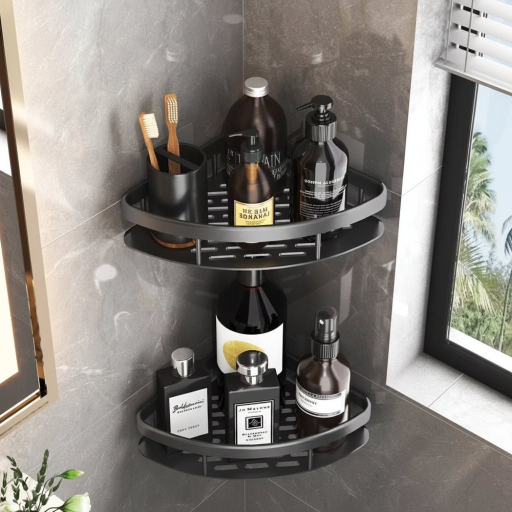Corner shower caddy with rustproof aluminum finish, designed for waterproof wall-mounted installation, providing organized bathroom storage. 1