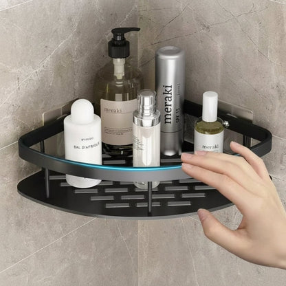 Corner shower caddy with rustproof aluminum finish, designed for waterproof wall-mounted installation, providing organized bathroom storage. 2