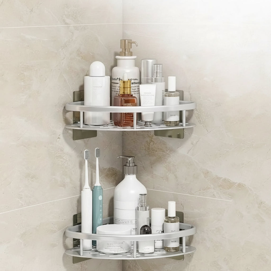 Corner shower caddy with rustproof aluminum finish, designed for waterproof wall-mounted installation, providing organized bathroom storage. 3