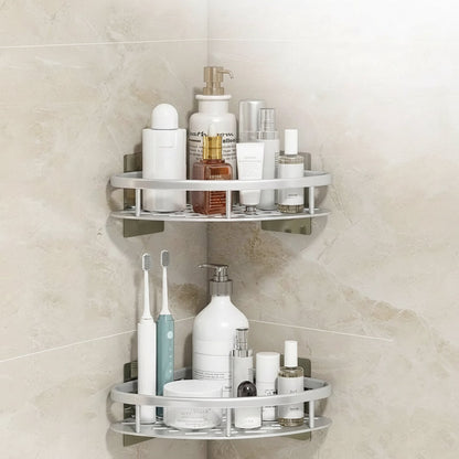 Corner shower caddy with rustproof aluminum finish, designed for waterproof wall-mounted installation, providing organized bathroom storage. 3