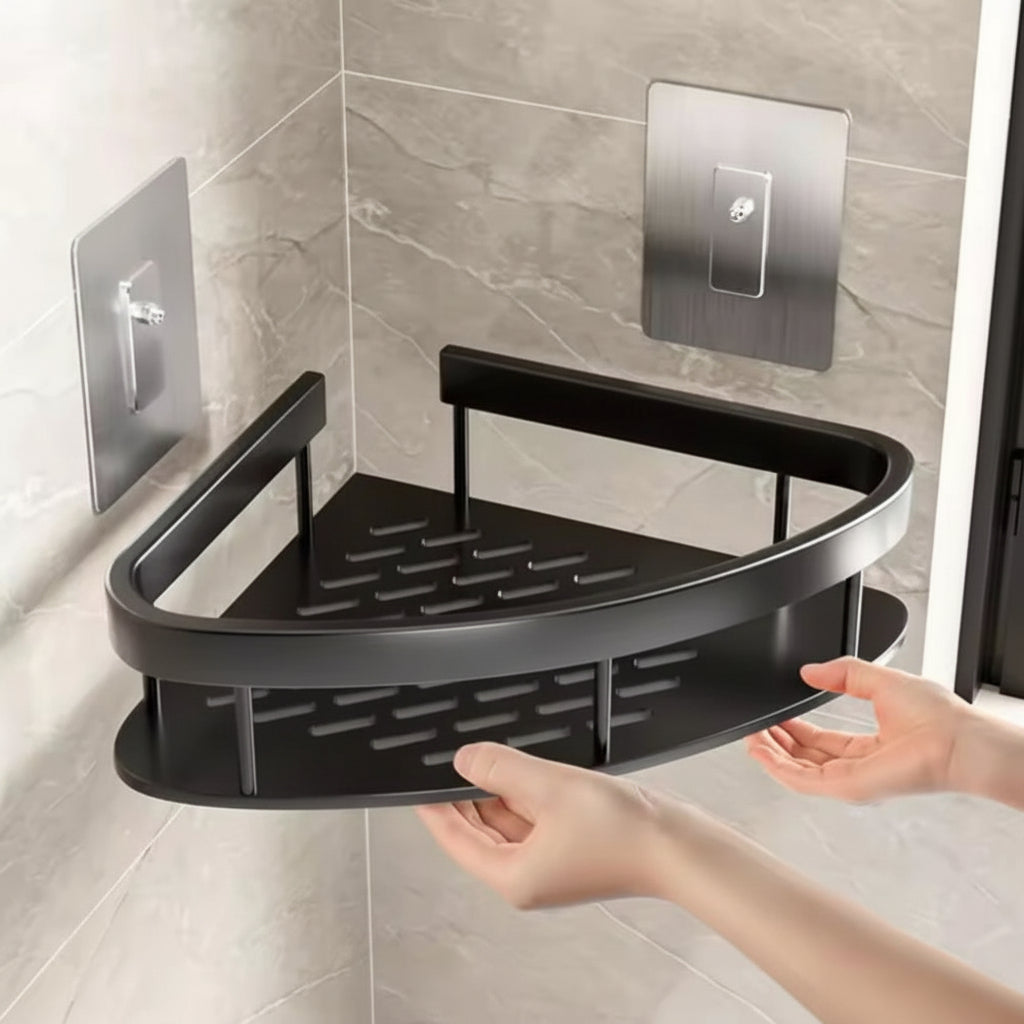 Corner shower caddy with rustproof aluminum finish, designed for waterproof wall-mounted installation, providing organized bathroom storage. 4