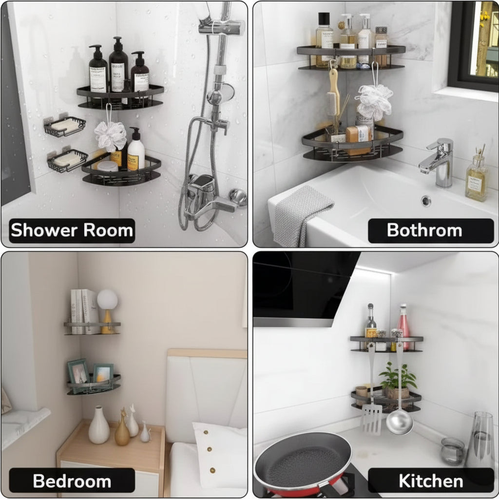 Corner shower caddy with rustproof aluminum finish, designed for waterproof wall-mounted installation, providing organized bathroom storage. 5